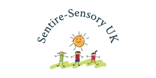 Sentire sensory logo with childlike stick figures of children under a sun